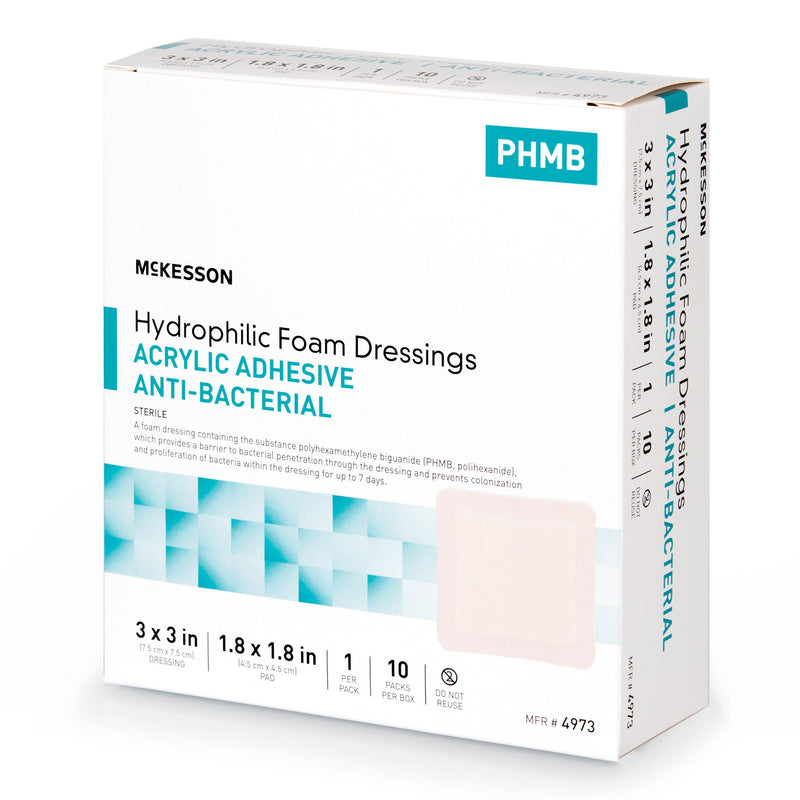 ANTIBACTERIAL FOAM DRESSING MCKESSON 3 X 3 INCH SQUARE ADHESIVE WITH BORDER STERILE, SOLD AS 1/EACH, MCKESSON 4973