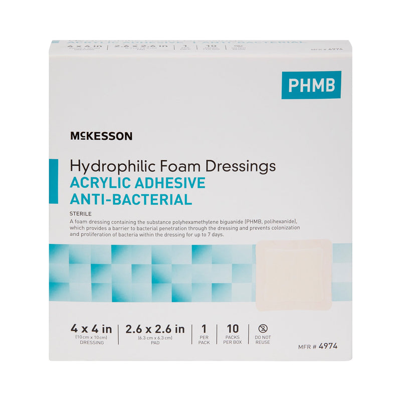 ANTIBACTERIAL FOAM DRESSING MCKESSON 4 X 4 INCH SQUARE ADHESIVE WITH BORDER STERILE, SOLD AS 100/CASE, MCKESSON 4974