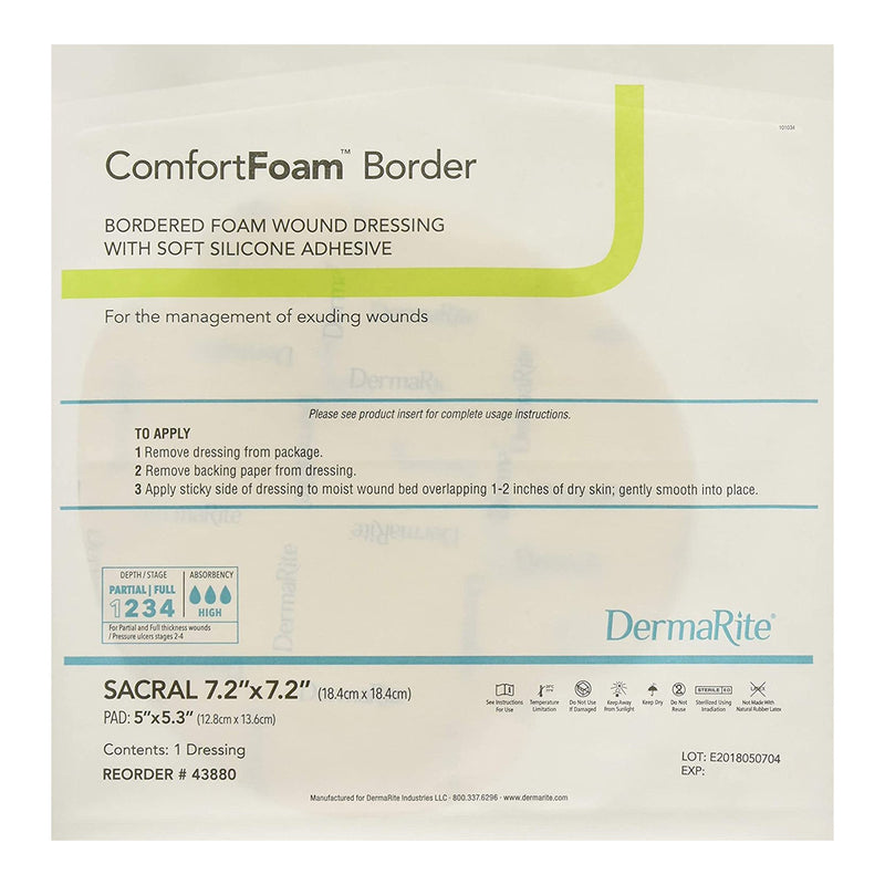 Comfortfoam™ Border Silicone Adhesive With Border Silicone Foam Dressing, 7-1/5 X 7-1/5 Inch Sacral, Sold As 5/Box Dermarite 43880