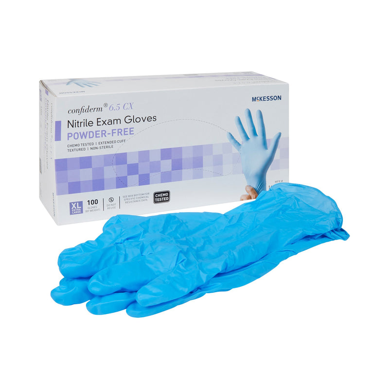 Mckesson Confiderm® 6.5Cx Extended Cuff Nitrile Extended Cuff Length Exam Glove, Extra Large, Blue, Sold As 100/Box Mckesson 14-680C