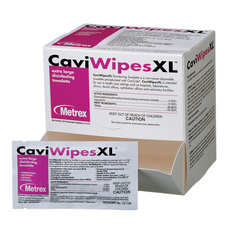 Metrex Caviwipes Surface Disinfectant Alcohol-Based Wipes, Non-Sterile, Disposable, Alcohol Scent, Individual Packet, 10 X 12 Inch, Sold As 50/Box Met