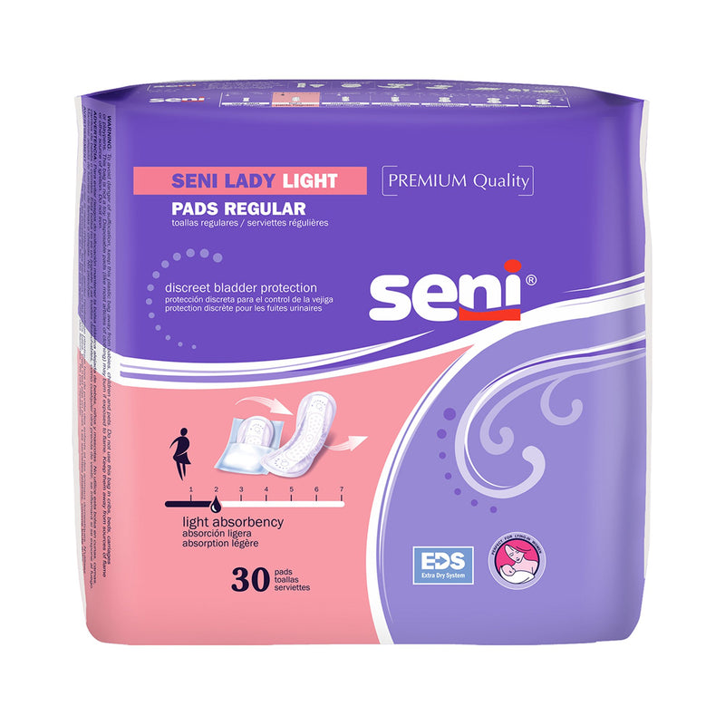 BLADDER CONTROL PAD SENI® LADY LIGHT 8.9 INCH LENGTH LIGHT ABSORBENCY SUPERABSORBANT CORE ONE SIZE FITS M, 30/PACK, TZMO S-2P30-PL1